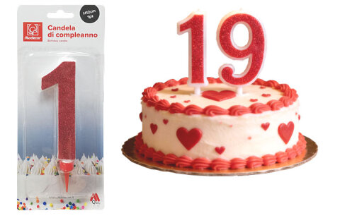 Óriás piros csillámos 1-es számgyertya, 1 db.