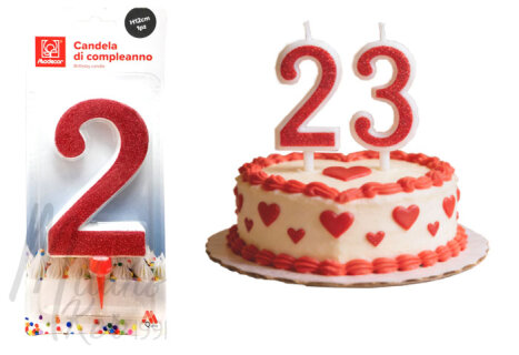 Óriás piros csillámos 2-es számgyertya, 1 db.