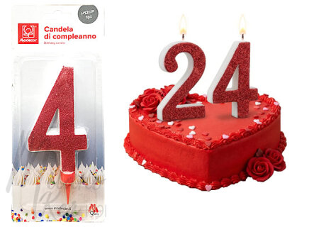 Óriás piros csillámos 4-es számgyertya, 1 db.