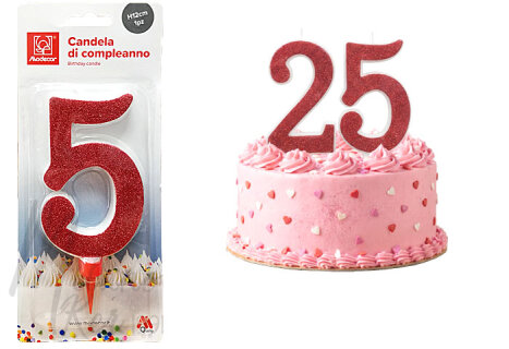 Óriás piros csillámos 5-ős számgyertya, 1 db.