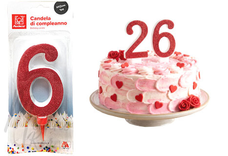 Óriás piros csillámos 6-os számgyertya, 1 db.