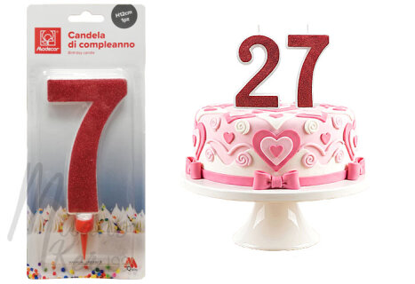 Óriás piros csillámos 7-es számgyertya, 1 db.