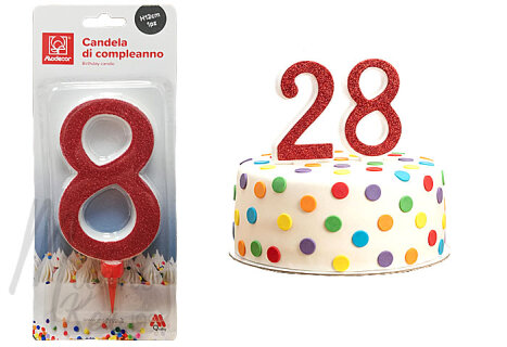 Óriás piros csillámos 8-ss számgyertya, 1 db.